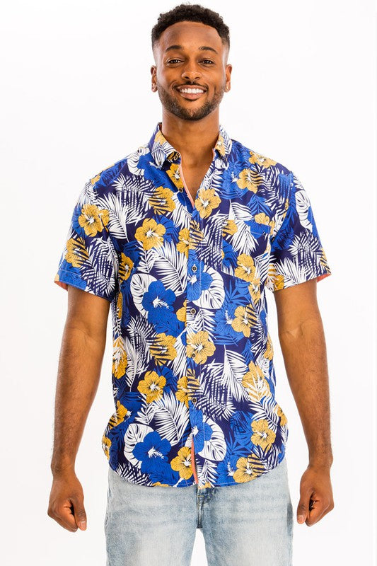 Blue Citrus Hibiscus Men's Button Down Shirt