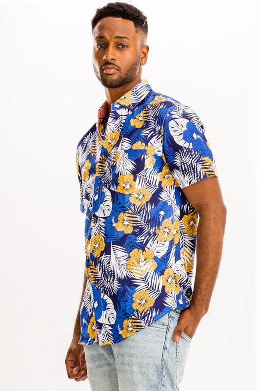 Blue Citrus Hibiscus Men's Button Down Shirt