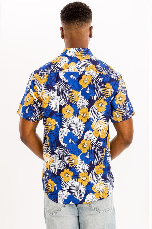 Blue Citrus Hibiscus Men's Button Down Shirt