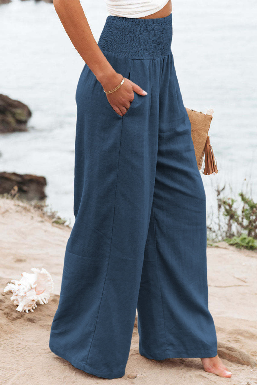 Front Pleated Flowy Slacks-Blue