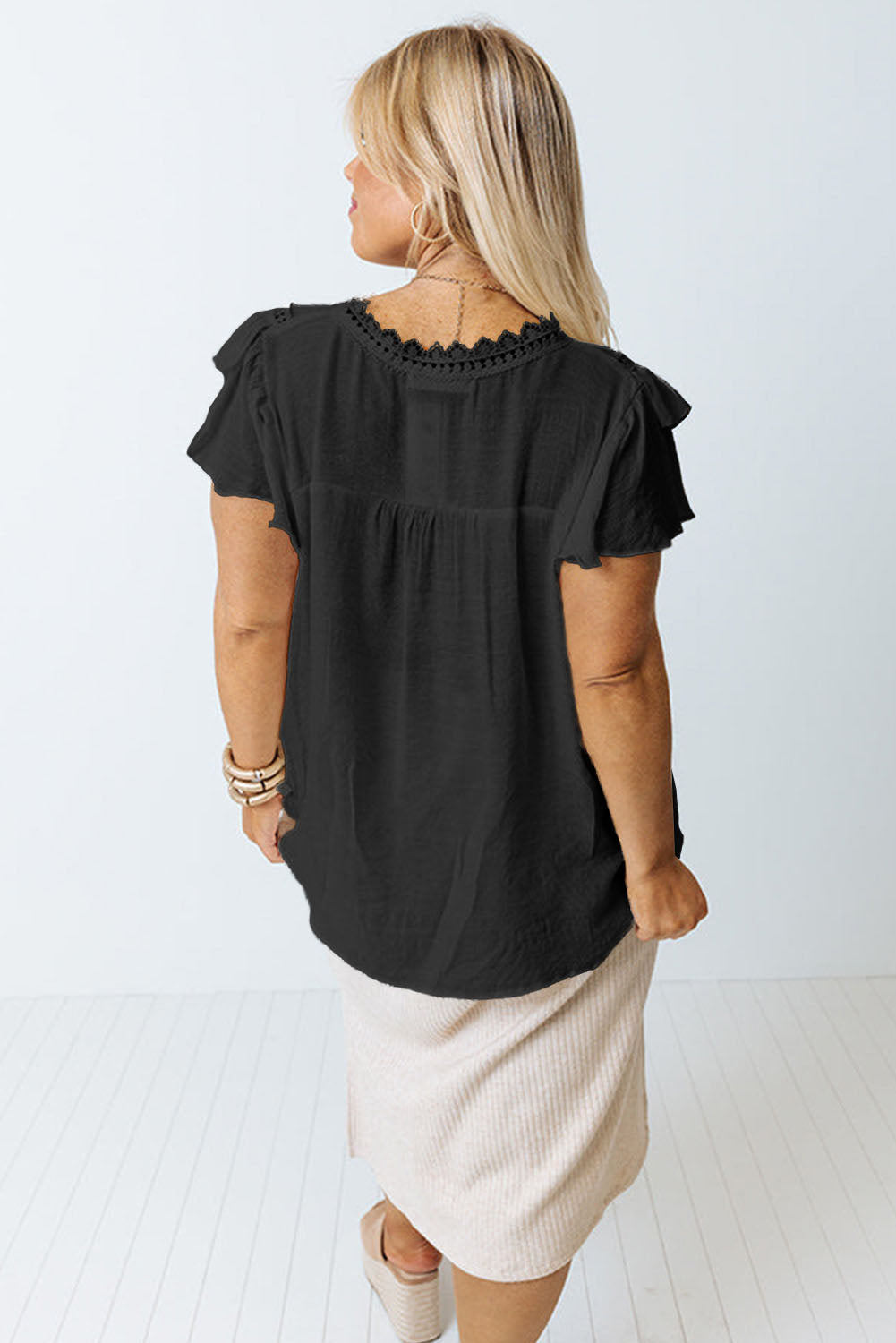 Krinkle Kut Ruffle Sleeve Blouse-Black
