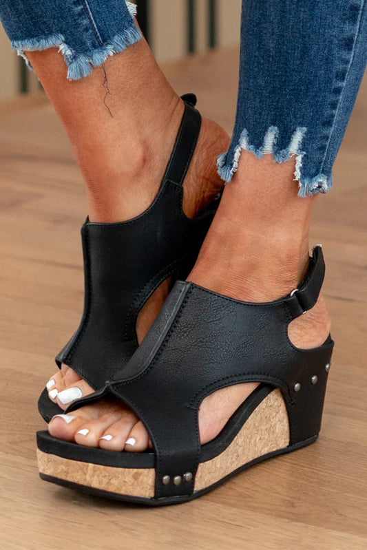 Soft-Cork Gold Studded Wedge Sandals-Black