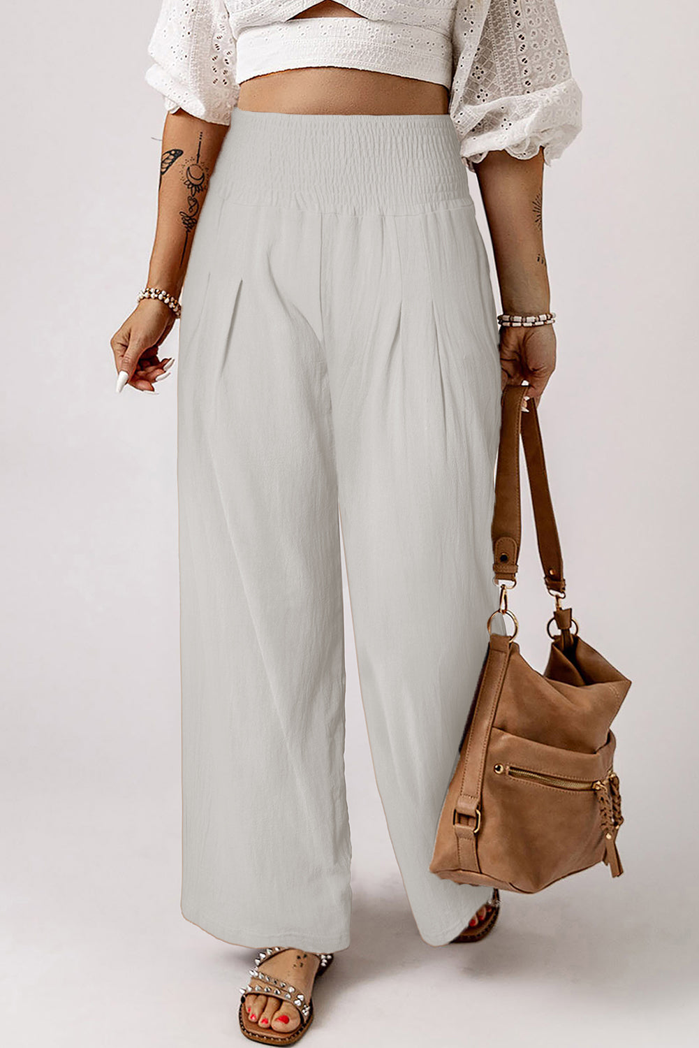 Front Pleated Flowy Slacks-White