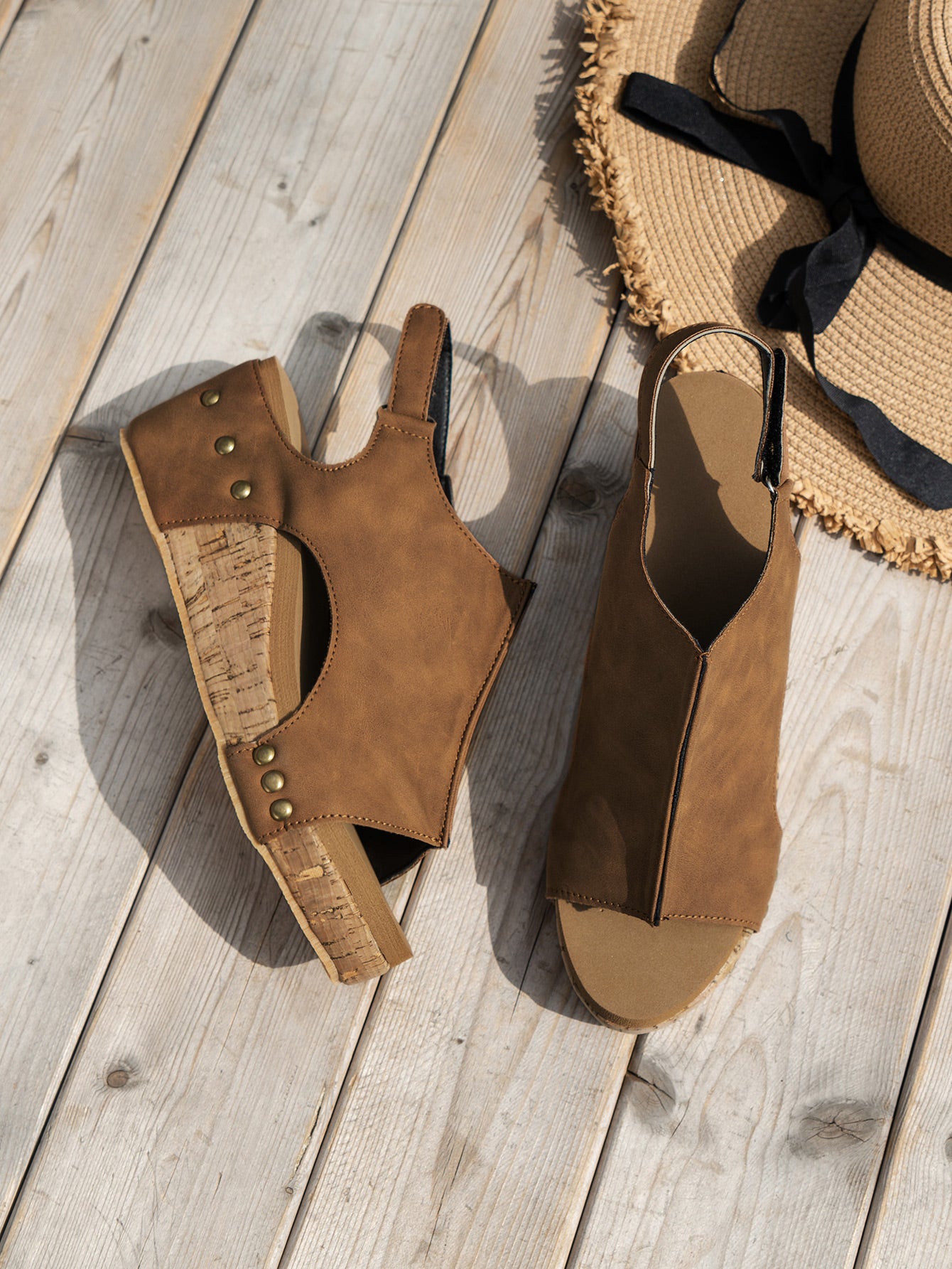 Soft-Cork Gold Studded Wedge Sandals-Brown