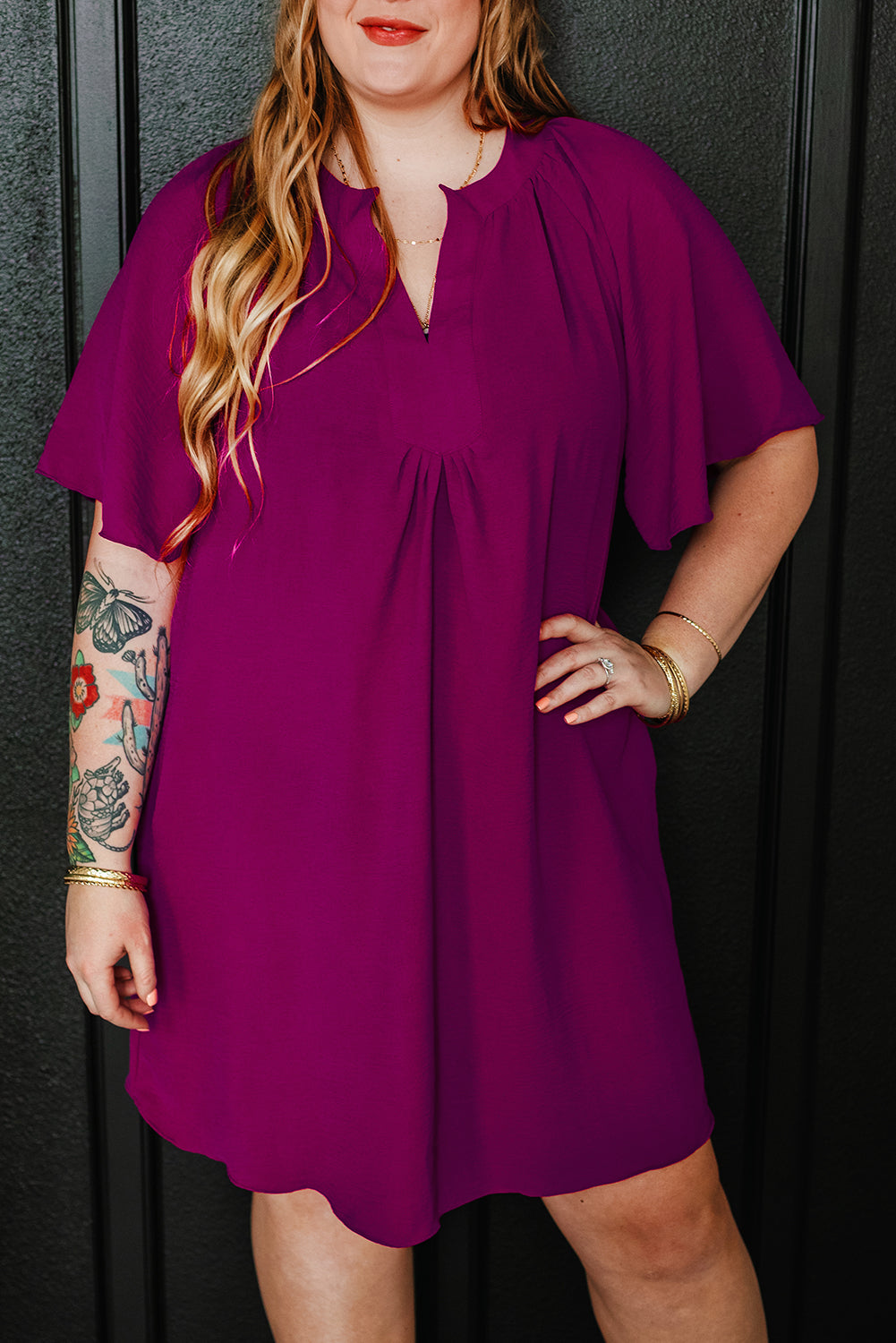 Wine Fine Pleated Plus Size Dress-SOLD OUT