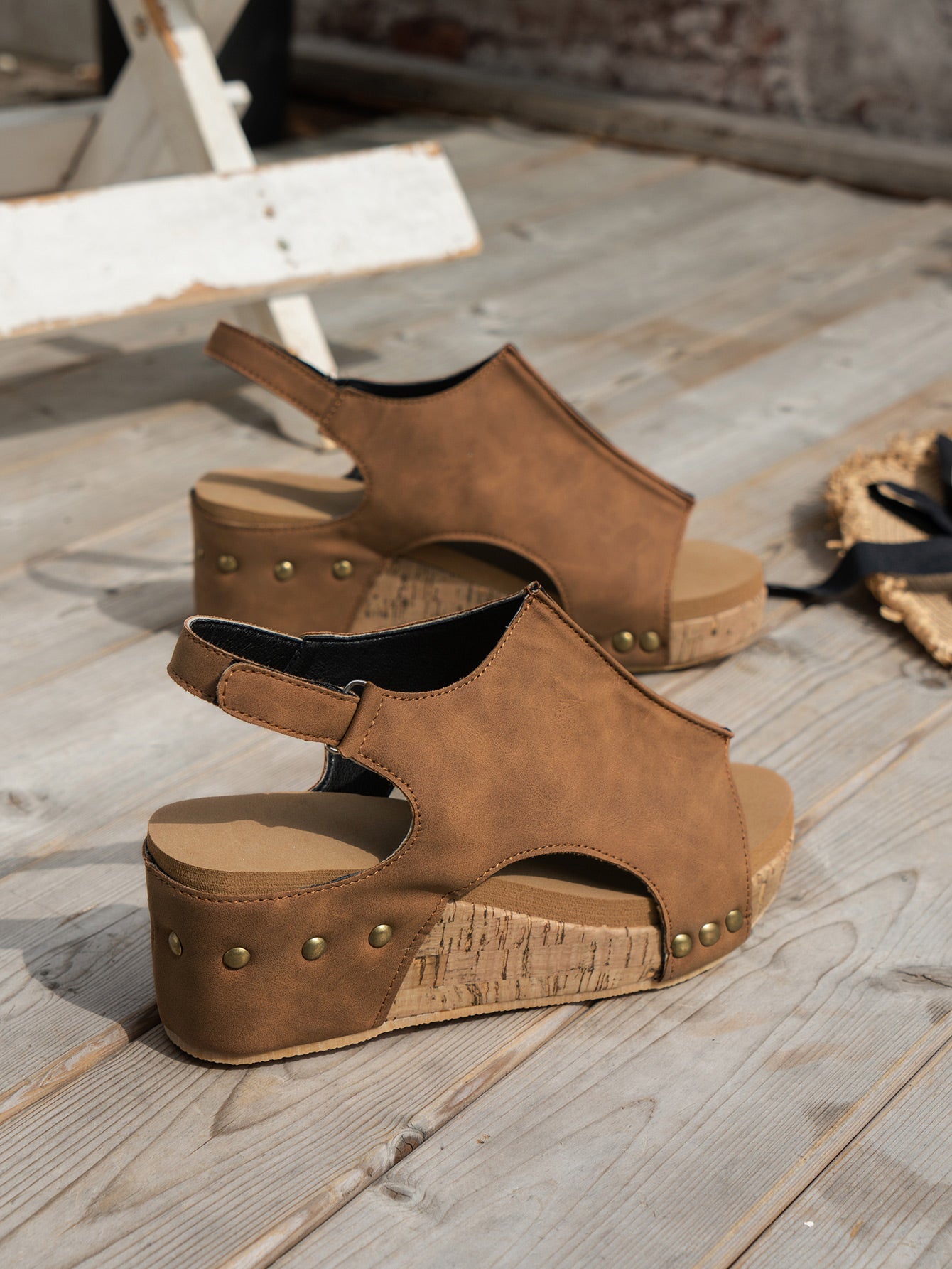 Soft-Cork Gold Studded Wedge Sandals-Brown