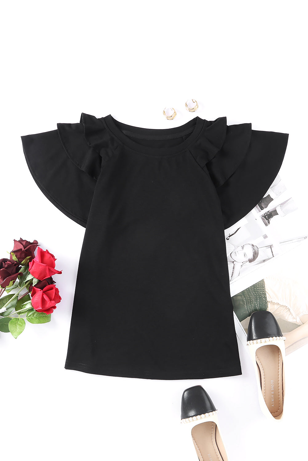 Ruffle My Shoulders Top-Black