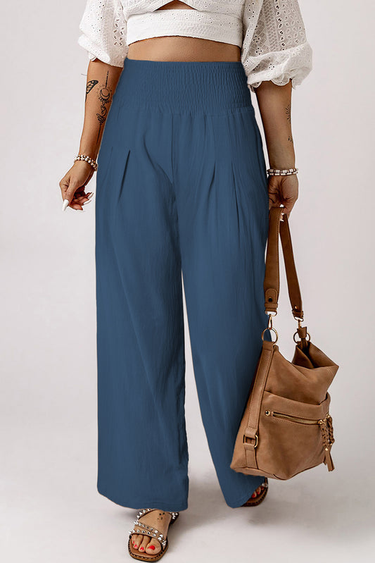 Front Pleated Flowy Slacks-Blue